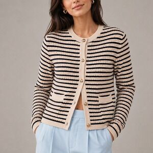 NVLT Striped Knit Lady Jacket Cardigan SP Navy Cream Gold Buttons